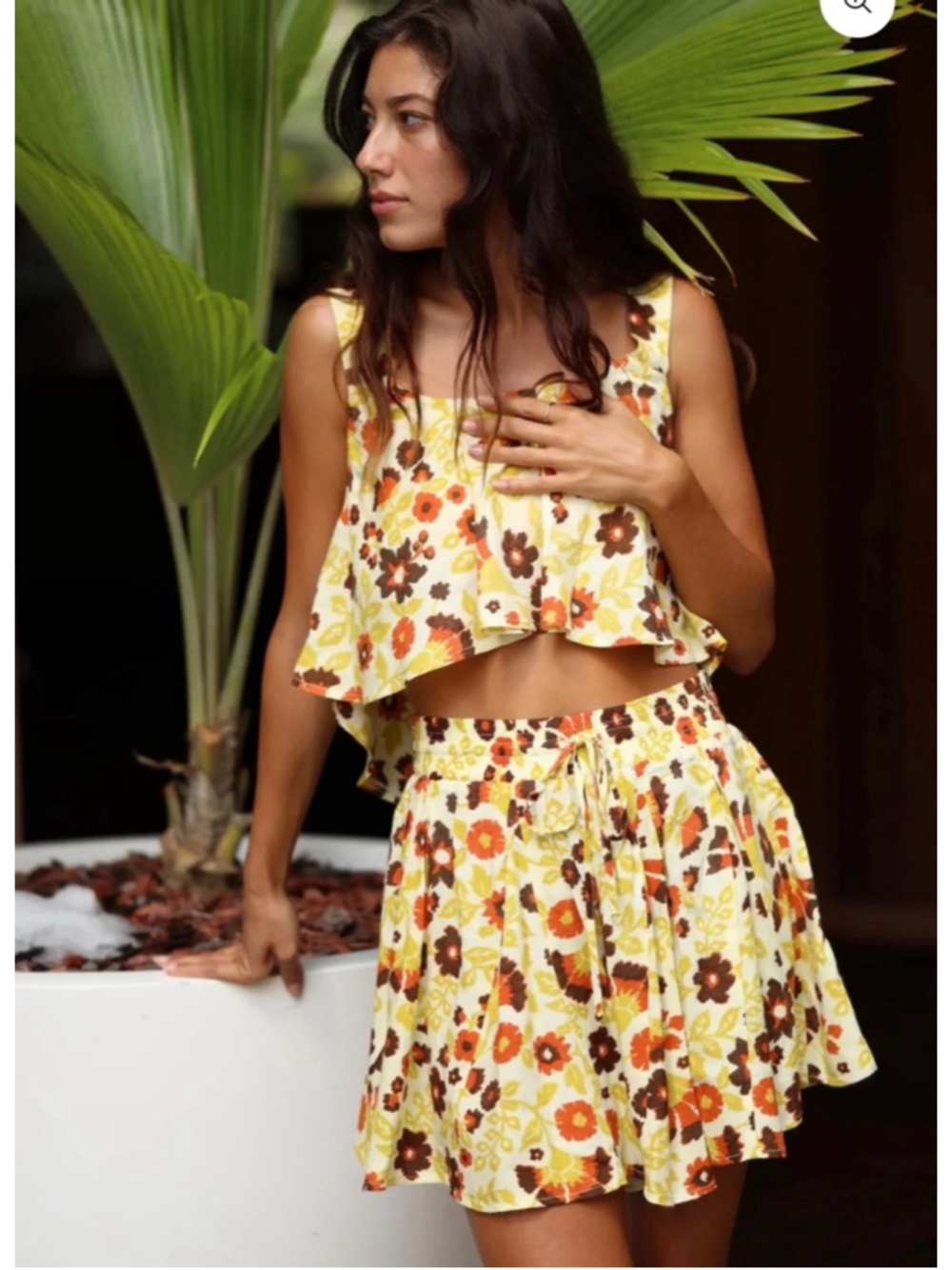 Women's XIX Palms Short Set S Yellow Brown Floral Tropical Crop Top & Shorts